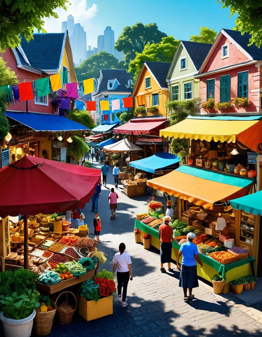 A vibrant and animated scene depicting a lively neighborhood market, filled with colorful stalls showcasing local offers and services. Friendly neighbors are engaging in conversations while bidding on unique items, with a backdrop of charming houses and lush greenery. The atmosphere is joyful, with banners and signs highlighting special deals. Capture the essence of community spirit and excitement. vibrant colors. super-realistic.