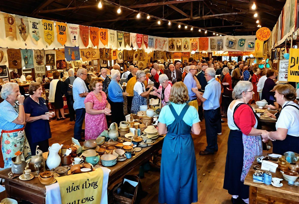 A lively community auction scene with diverse people bartering joyfully, colorful banners showcasing excellent offers, vintage items on display like antiques and quirky collectibles, a spirited atmosphere filled with laughter and excitement. Sunlight pouring down, illuminating the vibrant colors of the merchandise and the happy faces of the bargain hunters. super-realistic. vibrant colors. cheerful ambiance.