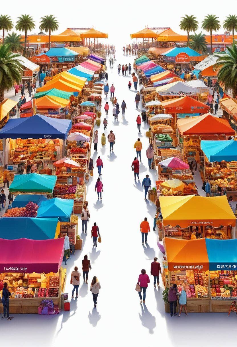 A bright and colorful digital landscape showcasing a diverse marketplace brimming with local offers, featuring cheerful shoppers engaging with vivid stalls displaying various goods and services. Include glowing icons representing discounts and happiness, with people smiling and connecting through devices. The scene should radiate a sense of community and excitement about discovering local treasures. vibrant colors. super-realistic. white background.